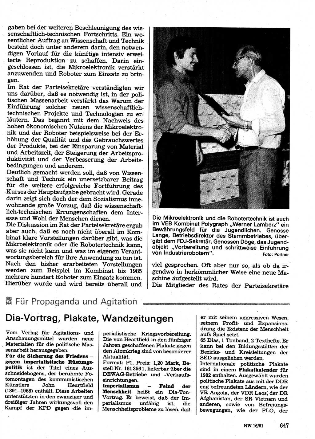 Neuer Weg (NW), Organ des Zentralkomitees (ZK) der SED (Sozialistische Einheitspartei Deutschlands) für Fragen des Parteilebens, 36. Jahrgang [Deutsche Demokratische Republik (DDR)] 1981, Seite 647 (NW ZK SED DDR 1981, S. 647)