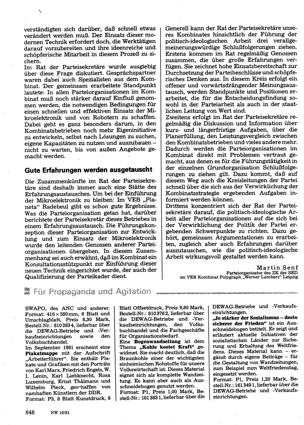 Neuer Weg (NW), Organ des Zentralkomitees (ZK) der SED (Sozialistische Einheitspartei Deutschlands) für Fragen des Parteilebens, 36. Jahrgang [Deutsche Demokratische Republik (DDR)] 1981, Seite 648 (NW ZK SED DDR 1981, S. 648)