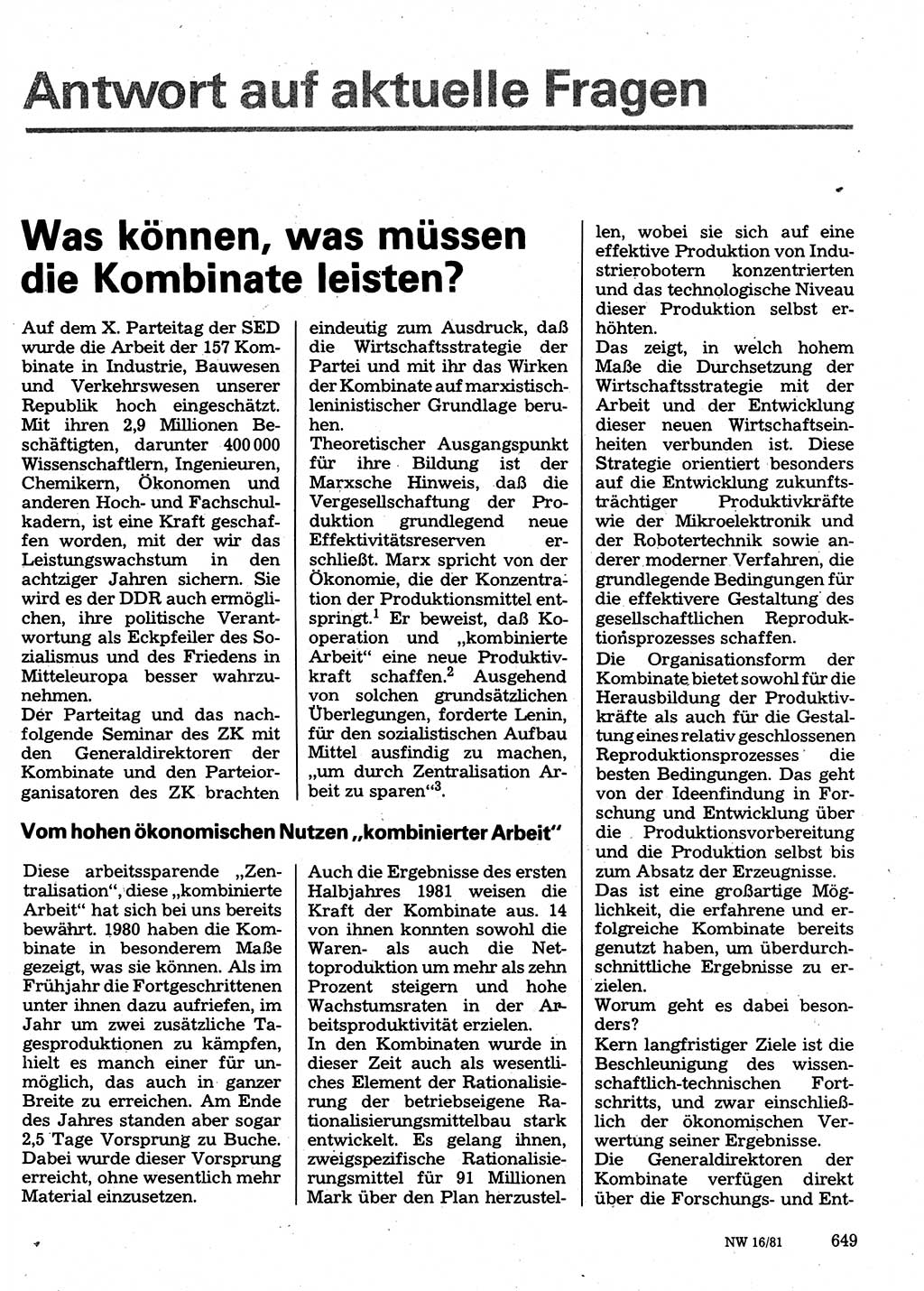 Neuer Weg (NW), Organ des Zentralkomitees (ZK) der SED (Sozialistische Einheitspartei Deutschlands) für Fragen des Parteilebens, 36. Jahrgang [Deutsche Demokratische Republik (DDR)] 1981, Seite 649 (NW ZK SED DDR 1981, S. 649)