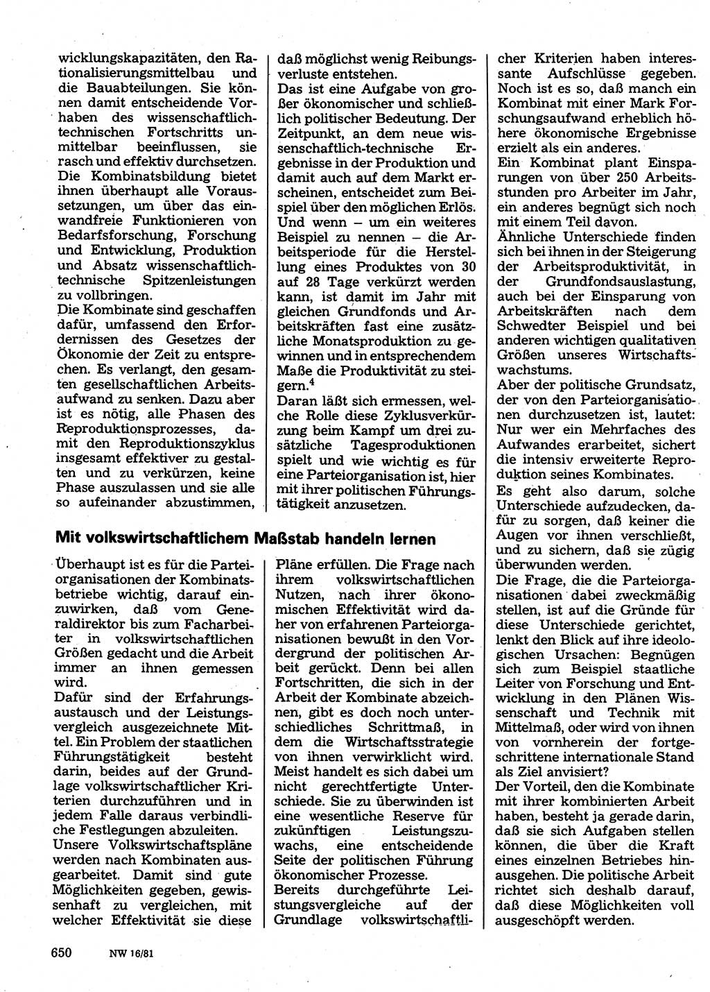 Neuer Weg (NW), Organ des Zentralkomitees (ZK) der SED (Sozialistische Einheitspartei Deutschlands) für Fragen des Parteilebens, 36. Jahrgang [Deutsche Demokratische Republik (DDR)] 1981, Seite 650 (NW ZK SED DDR 1981, S. 650)
