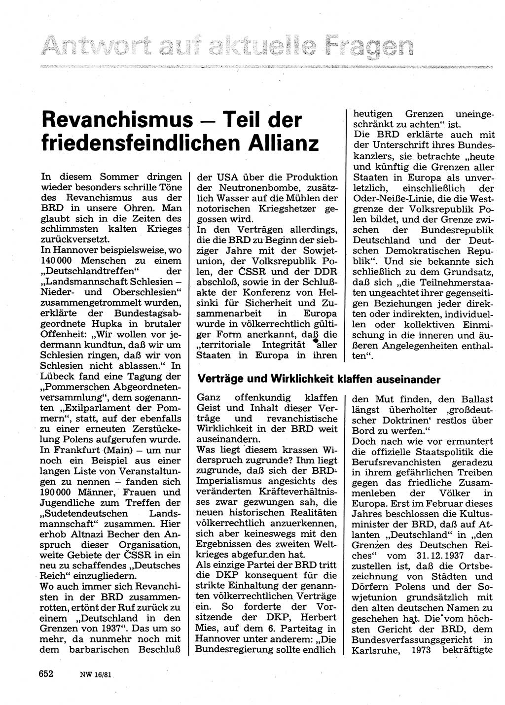 Neuer Weg (NW), Organ des Zentralkomitees (ZK) der SED (Sozialistische Einheitspartei Deutschlands) für Fragen des Parteilebens, 36. Jahrgang [Deutsche Demokratische Republik (DDR)] 1981, Seite 652 (NW ZK SED DDR 1981, S. 652)