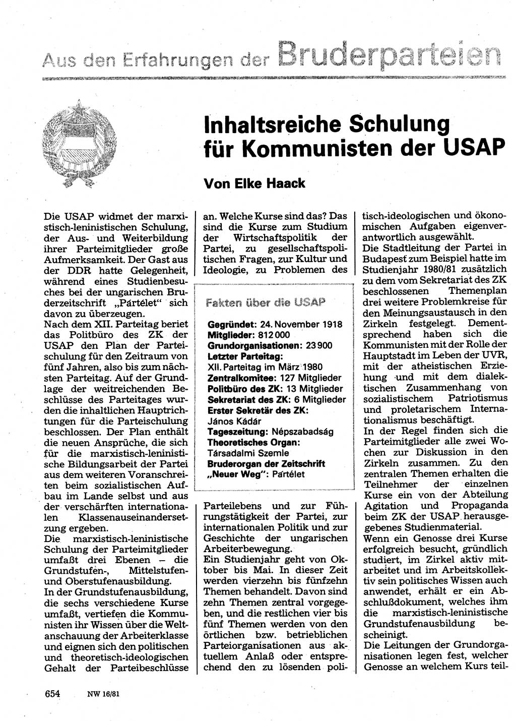 Neuer Weg (NW), Organ des Zentralkomitees (ZK) der SED (Sozialistische Einheitspartei Deutschlands) für Fragen des Parteilebens, 36. Jahrgang [Deutsche Demokratische Republik (DDR)] 1981, Seite 654 (NW ZK SED DDR 1981, S. 654)