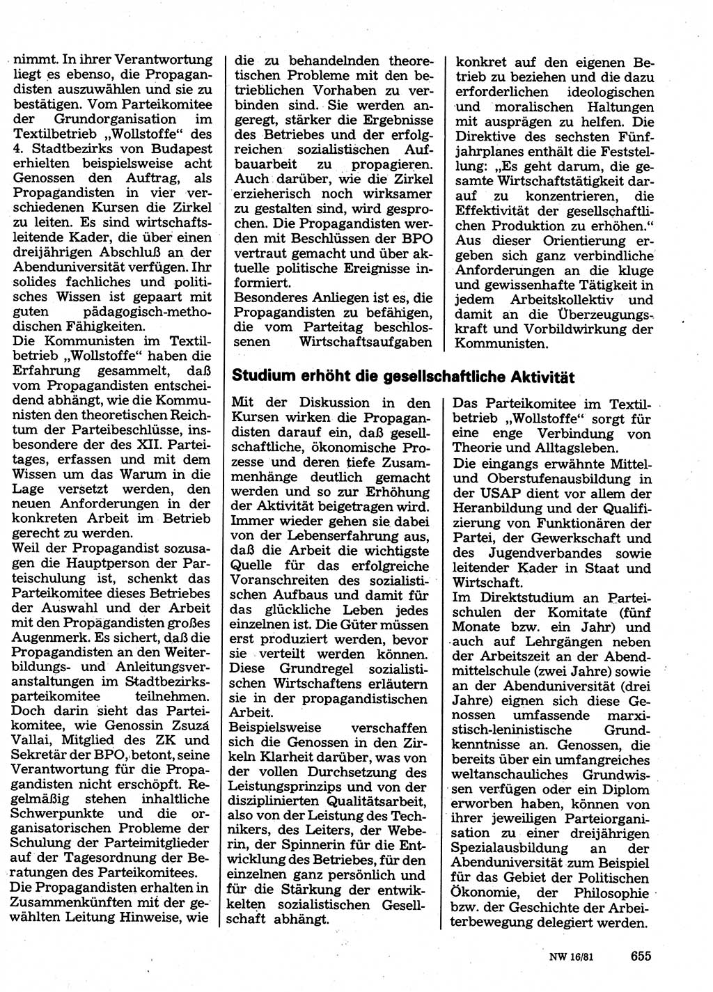 Neuer Weg (NW), Organ des Zentralkomitees (ZK) der SED (Sozialistische Einheitspartei Deutschlands) für Fragen des Parteilebens, 36. Jahrgang [Deutsche Demokratische Republik (DDR)] 1981, Seite 655 (NW ZK SED DDR 1981, S. 655)