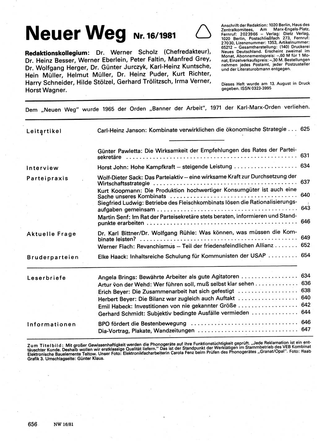 Neuer Weg (NW), Organ des Zentralkomitees (ZK) der SED (Sozialistische Einheitspartei Deutschlands) für Fragen des Parteilebens, 36. Jahrgang [Deutsche Demokratische Republik (DDR)] 1981, Seite 656 (NW ZK SED DDR 1981, S. 656)