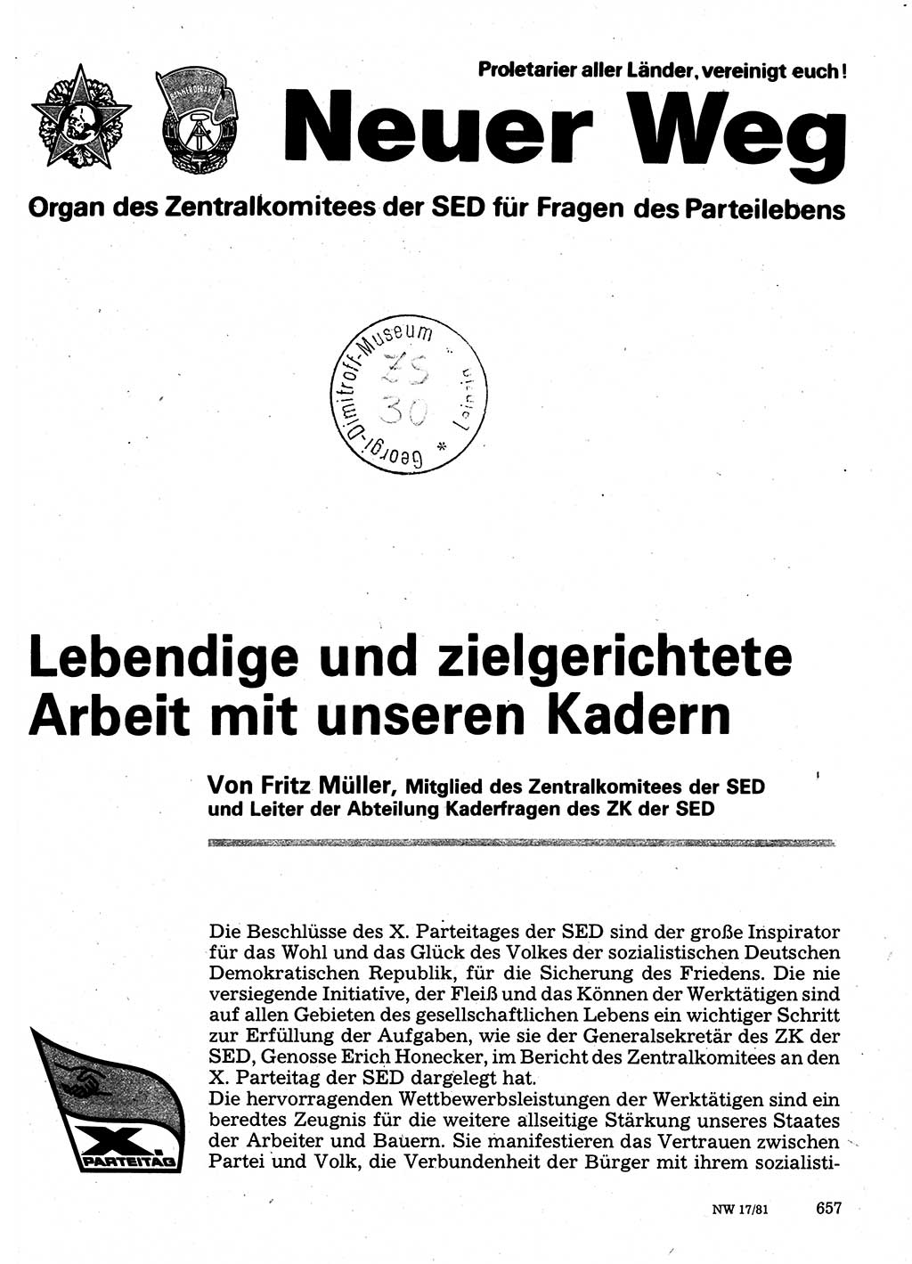 Neuer Weg (NW), Organ des Zentralkomitees (ZK) der SED (Sozialistische Einheitspartei Deutschlands) für Fragen des Parteilebens, 36. Jahrgang [Deutsche Demokratische Republik (DDR)] 1981, Seite 657 (NW ZK SED DDR 1981, S. 657)