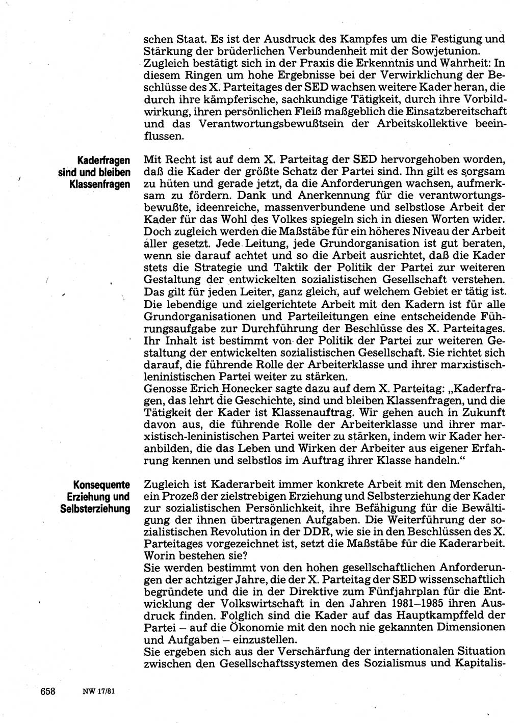 Neuer Weg (NW), Organ des Zentralkomitees (ZK) der SED (Sozialistische Einheitspartei Deutschlands) für Fragen des Parteilebens, 36. Jahrgang [Deutsche Demokratische Republik (DDR)] 1981, Seite 658 (NW ZK SED DDR 1981, S. 658)