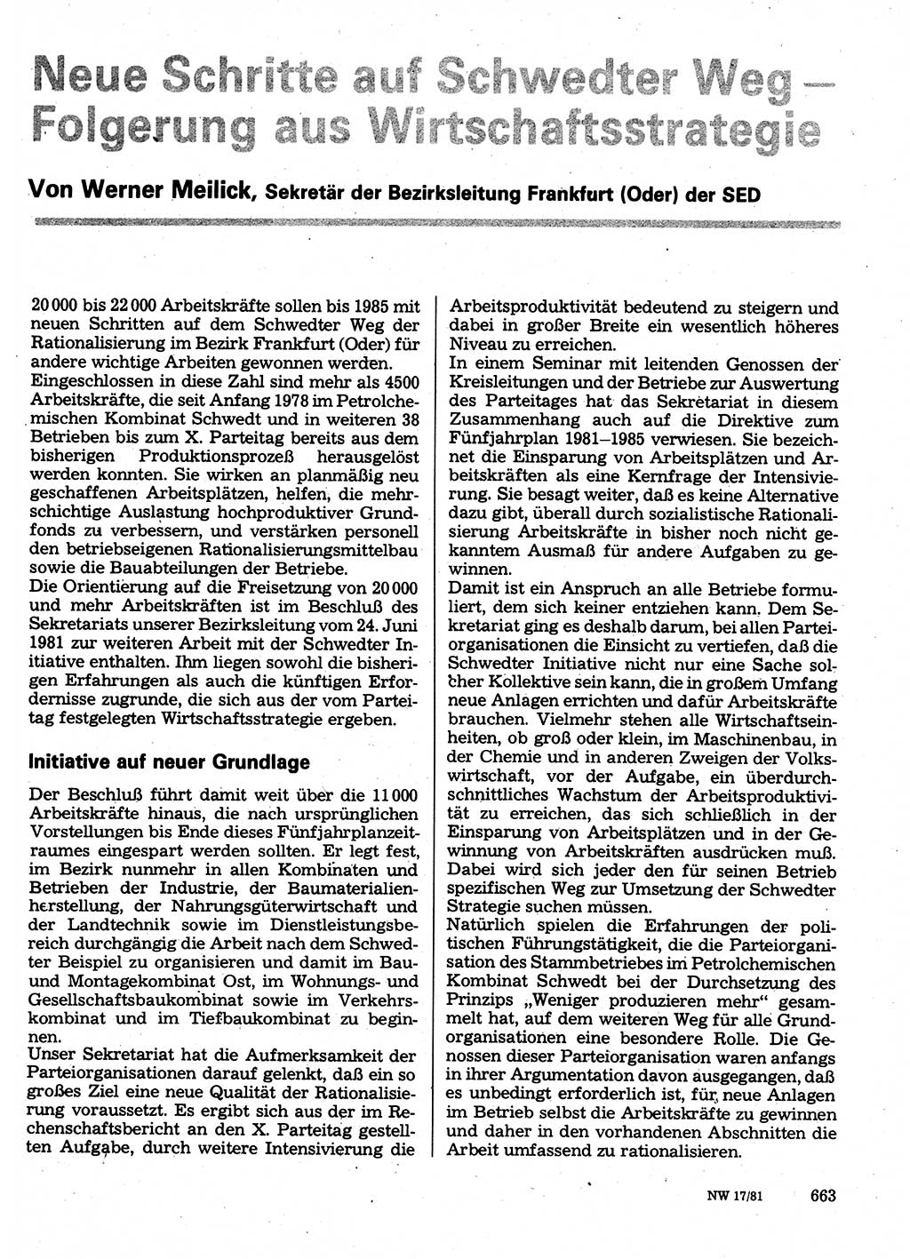 Neuer Weg (NW), Organ des Zentralkomitees (ZK) der SED (Sozialistische Einheitspartei Deutschlands) für Fragen des Parteilebens, 36. Jahrgang [Deutsche Demokratische Republik (DDR)] 1981, Seite 663 (NW ZK SED DDR 1981, S. 663)