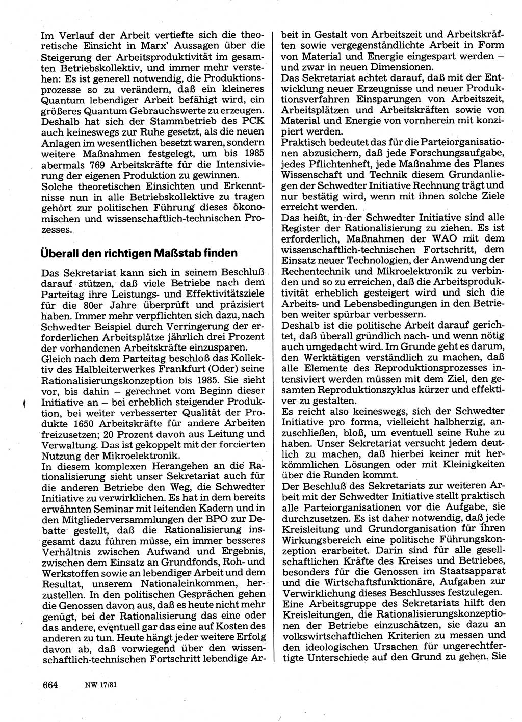 Neuer Weg (NW), Organ des Zentralkomitees (ZK) der SED (Sozialistische Einheitspartei Deutschlands) für Fragen des Parteilebens, 36. Jahrgang [Deutsche Demokratische Republik (DDR)] 1981, Seite 664 (NW ZK SED DDR 1981, S. 664)