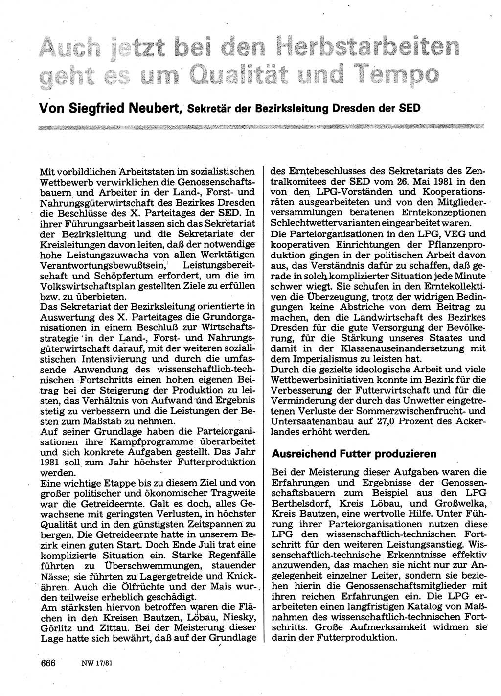 Neuer Weg (NW), Organ des Zentralkomitees (ZK) der SED (Sozialistische Einheitspartei Deutschlands) für Fragen des Parteilebens, 36. Jahrgang [Deutsche Demokratische Republik (DDR)] 1981, Seite 666 (NW ZK SED DDR 1981, S. 666)