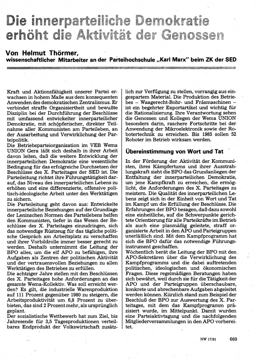 Neuer Weg (NW), Organ des Zentralkomitees (ZK) der SED (Sozialistische Einheitspartei Deutschlands) für Fragen des Parteilebens, 36. Jahrgang [Deutsche Demokratische Republik (DDR)] 1981, Seite 669 (NW ZK SED DDR 1981, S. 669)