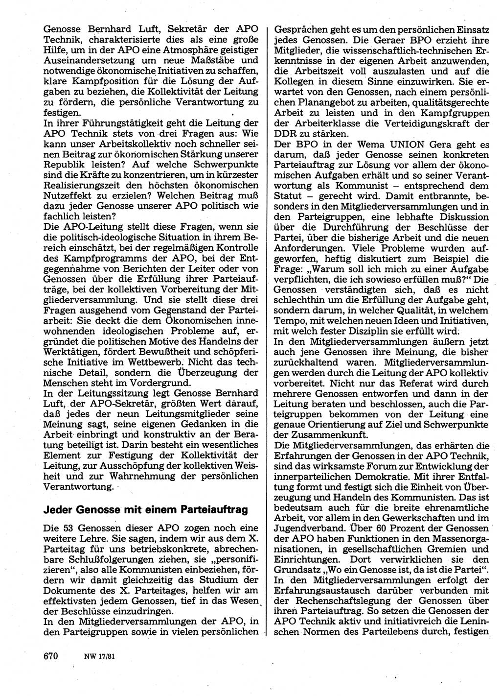 Neuer Weg (NW), Organ des Zentralkomitees (ZK) der SED (Sozialistische Einheitspartei Deutschlands) für Fragen des Parteilebens, 36. Jahrgang [Deutsche Demokratische Republik (DDR)] 1981, Seite 670 (NW ZK SED DDR 1981, S. 670)