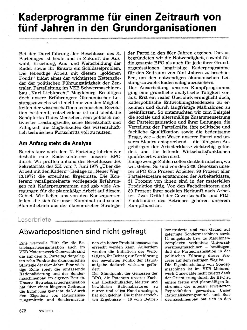 Neuer Weg (NW), Organ des Zentralkomitees (ZK) der SED (Sozialistische Einheitspartei Deutschlands) für Fragen des Parteilebens, 36. Jahrgang [Deutsche Demokratische Republik (DDR)] 1981, Seite 672 (NW ZK SED DDR 1981, S. 672)