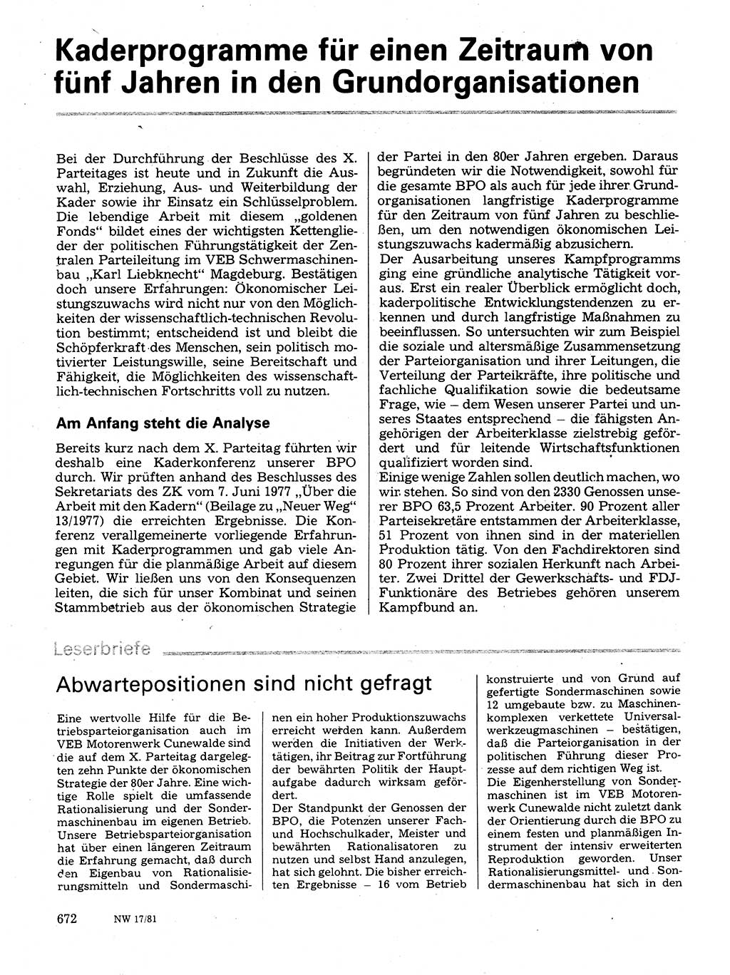 Neuer Weg (NW), Organ des Zentralkomitees (ZK) der SED (Sozialistische Einheitspartei Deutschlands) für Fragen des Parteilebens, 36. Jahrgang [Deutsche Demokratische Republik (DDR)] 1981, Seite 672 (NW ZK SED DDR 1981, S. 672)