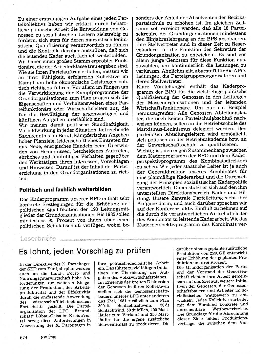 Neuer Weg (NW), Organ des Zentralkomitees (ZK) der SED (Sozialistische Einheitspartei Deutschlands) für Fragen des Parteilebens, 36. Jahrgang [Deutsche Demokratische Republik (DDR)] 1981, Seite 674 (NW ZK SED DDR 1981, S. 674)