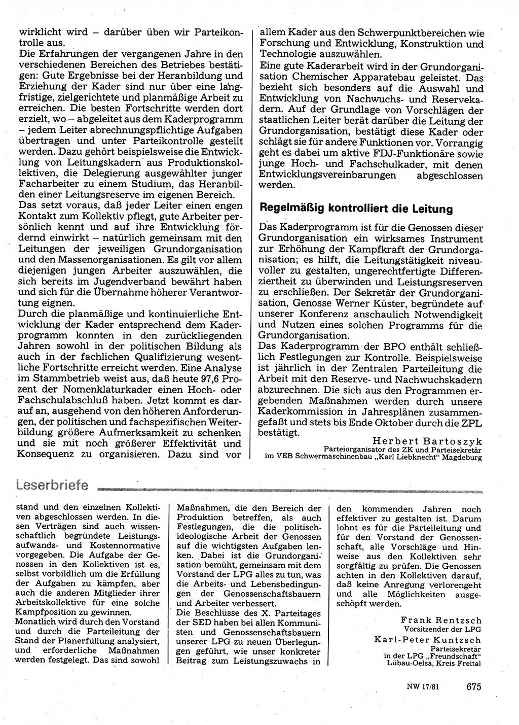 Neuer Weg (NW), Organ des Zentralkomitees (ZK) der SED (Sozialistische Einheitspartei Deutschlands) für Fragen des Parteilebens, 36. Jahrgang [Deutsche Demokratische Republik (DDR)] 1981, Seite 675 (NW ZK SED DDR 1981, S. 675)