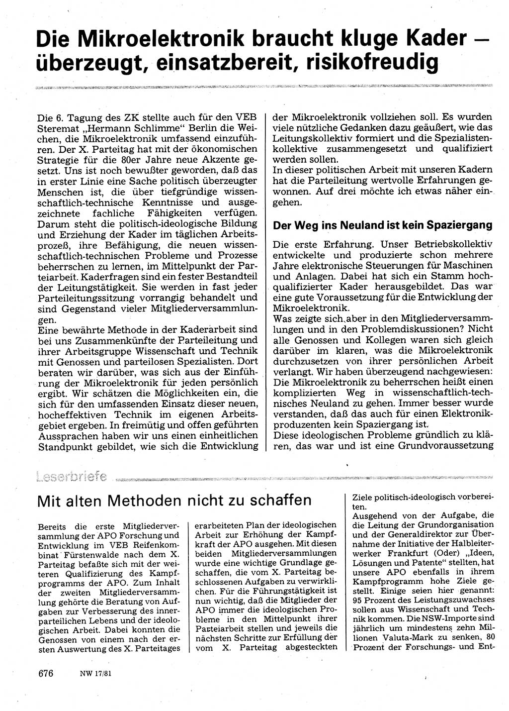 Neuer Weg (NW), Organ des Zentralkomitees (ZK) der SED (Sozialistische Einheitspartei Deutschlands) für Fragen des Parteilebens, 36. Jahrgang [Deutsche Demokratische Republik (DDR)] 1981, Seite 676 (NW ZK SED DDR 1981, S. 676)