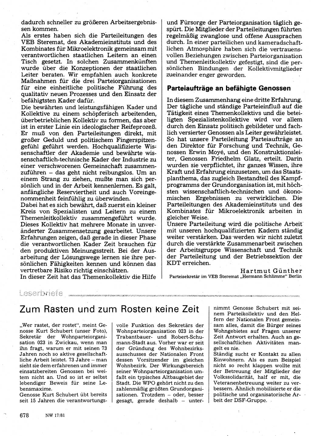 Neuer Weg (NW), Organ des Zentralkomitees (ZK) der SED (Sozialistische Einheitspartei Deutschlands) für Fragen des Parteilebens, 36. Jahrgang [Deutsche Demokratische Republik (DDR)] 1981, Seite 678 (NW ZK SED DDR 1981, S. 678)
