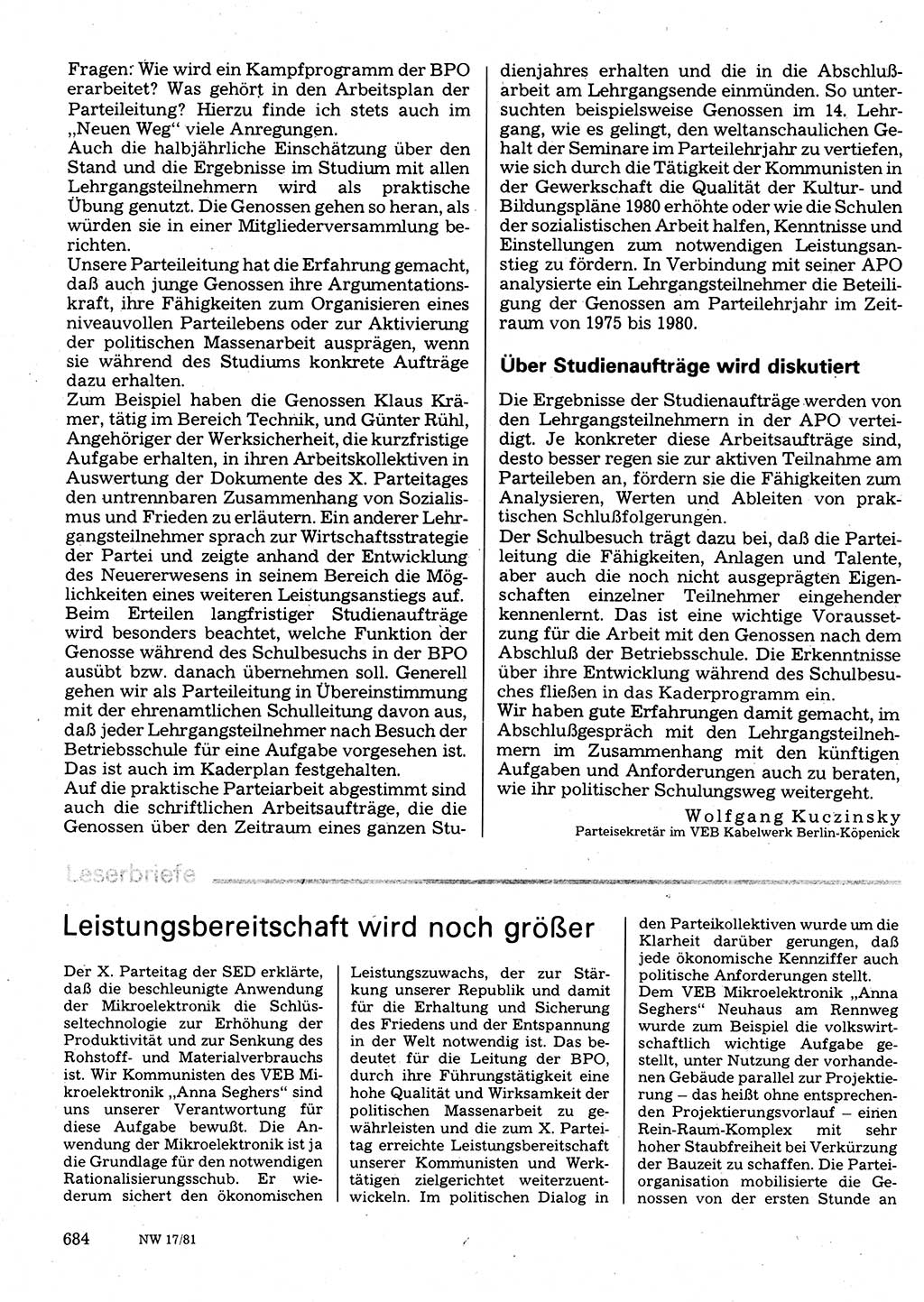 Neuer Weg (NW), Organ des Zentralkomitees (ZK) der SED (Sozialistische Einheitspartei Deutschlands) für Fragen des Parteilebens, 36. Jahrgang [Deutsche Demokratische Republik (DDR)] 1981, Seite 684 (NW ZK SED DDR 1981, S. 684)