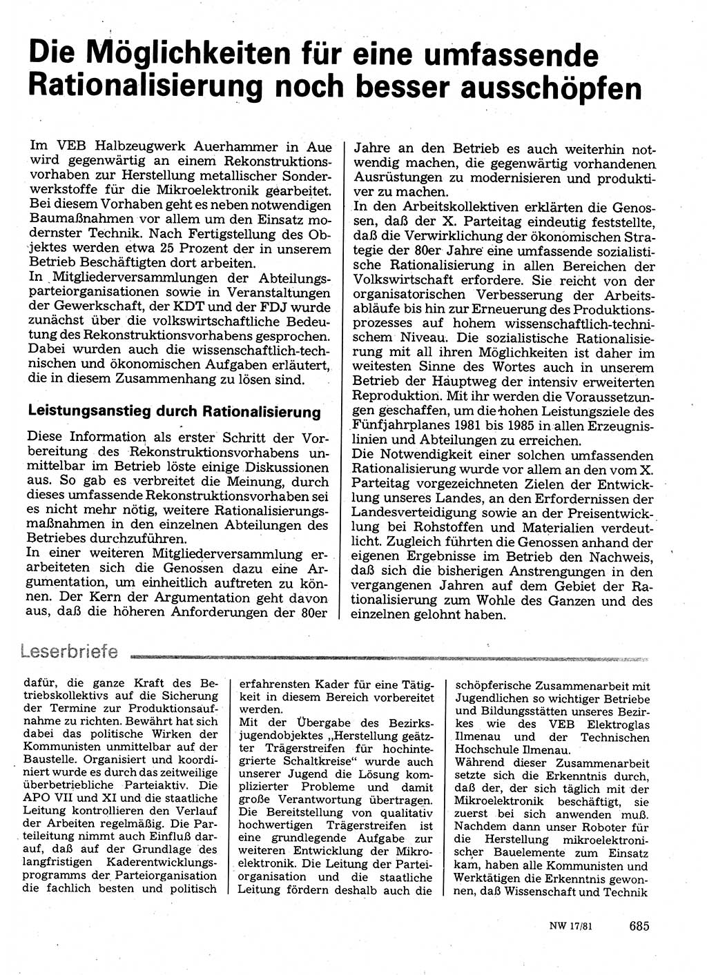 Neuer Weg (NW), Organ des Zentralkomitees (ZK) der SED (Sozialistische Einheitspartei Deutschlands) für Fragen des Parteilebens, 36. Jahrgang [Deutsche Demokratische Republik (DDR)] 1981, Seite 685 (NW ZK SED DDR 1981, S. 685)