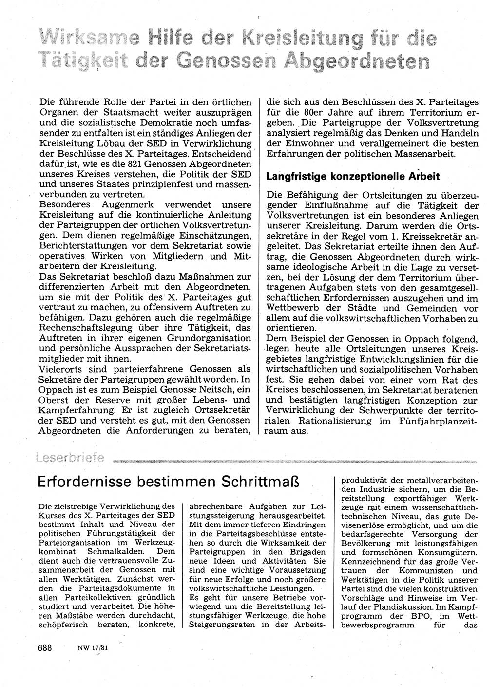 Neuer Weg (NW), Organ des Zentralkomitees (ZK) der SED (Sozialistische Einheitspartei Deutschlands) für Fragen des Parteilebens, 36. Jahrgang [Deutsche Demokratische Republik (DDR)] 1981, Seite 688 (NW ZK SED DDR 1981, S. 688)