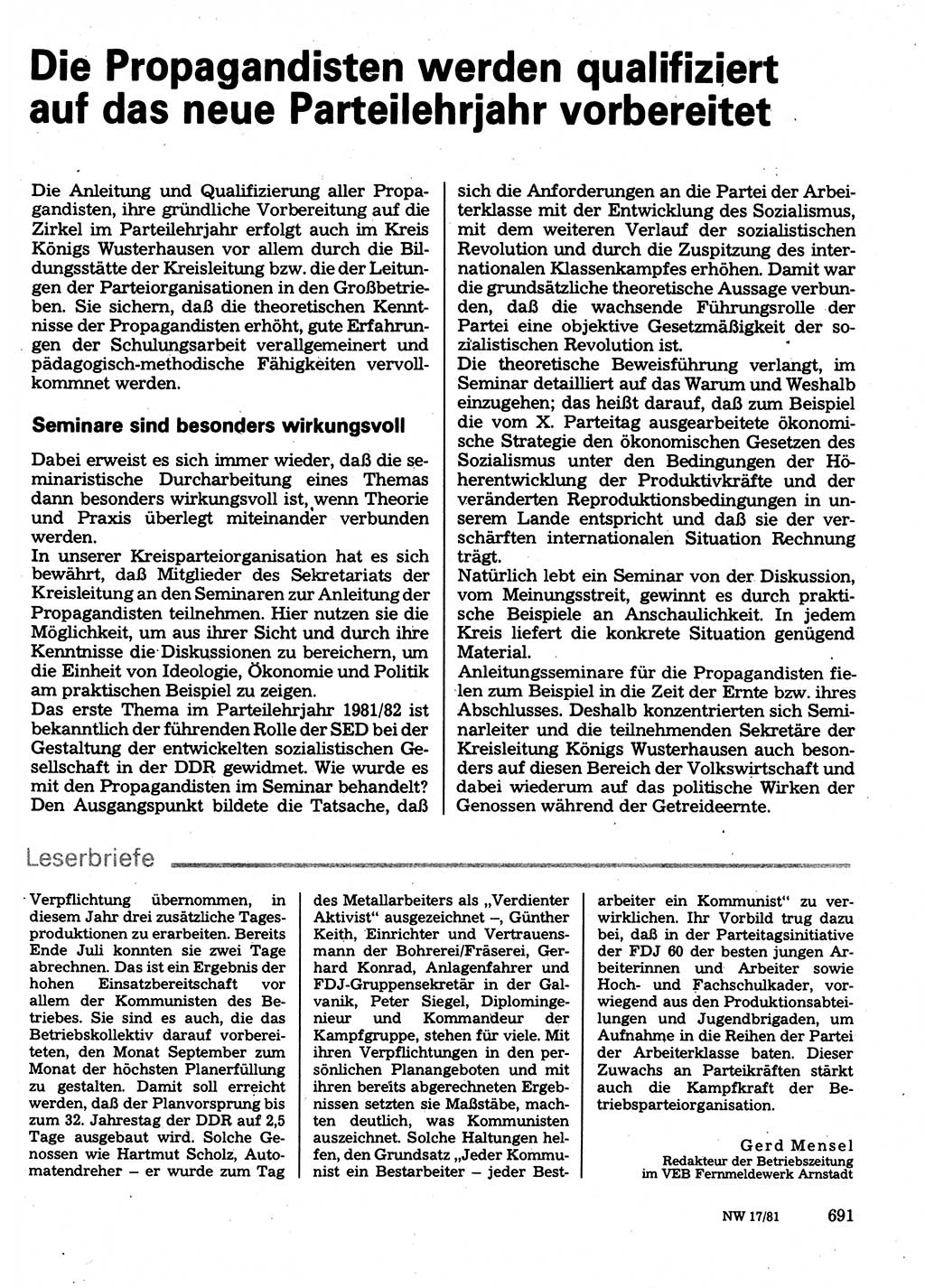 Neuer Weg (NW), Organ des Zentralkomitees (ZK) der SED (Sozialistische Einheitspartei Deutschlands) für Fragen des Parteilebens, 36. Jahrgang [Deutsche Demokratische Republik (DDR)] 1981, Seite 691 (NW ZK SED DDR 1981, S. 691)
