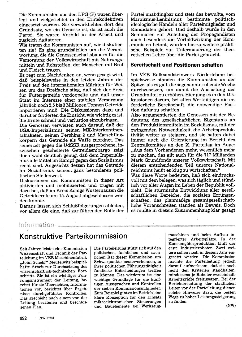 Neuer Weg (NW), Organ des Zentralkomitees (ZK) der SED (Sozialistische Einheitspartei Deutschlands) für Fragen des Parteilebens, 36. Jahrgang [Deutsche Demokratische Republik (DDR)] 1981, Seite 692 (NW ZK SED DDR 1981, S. 692)