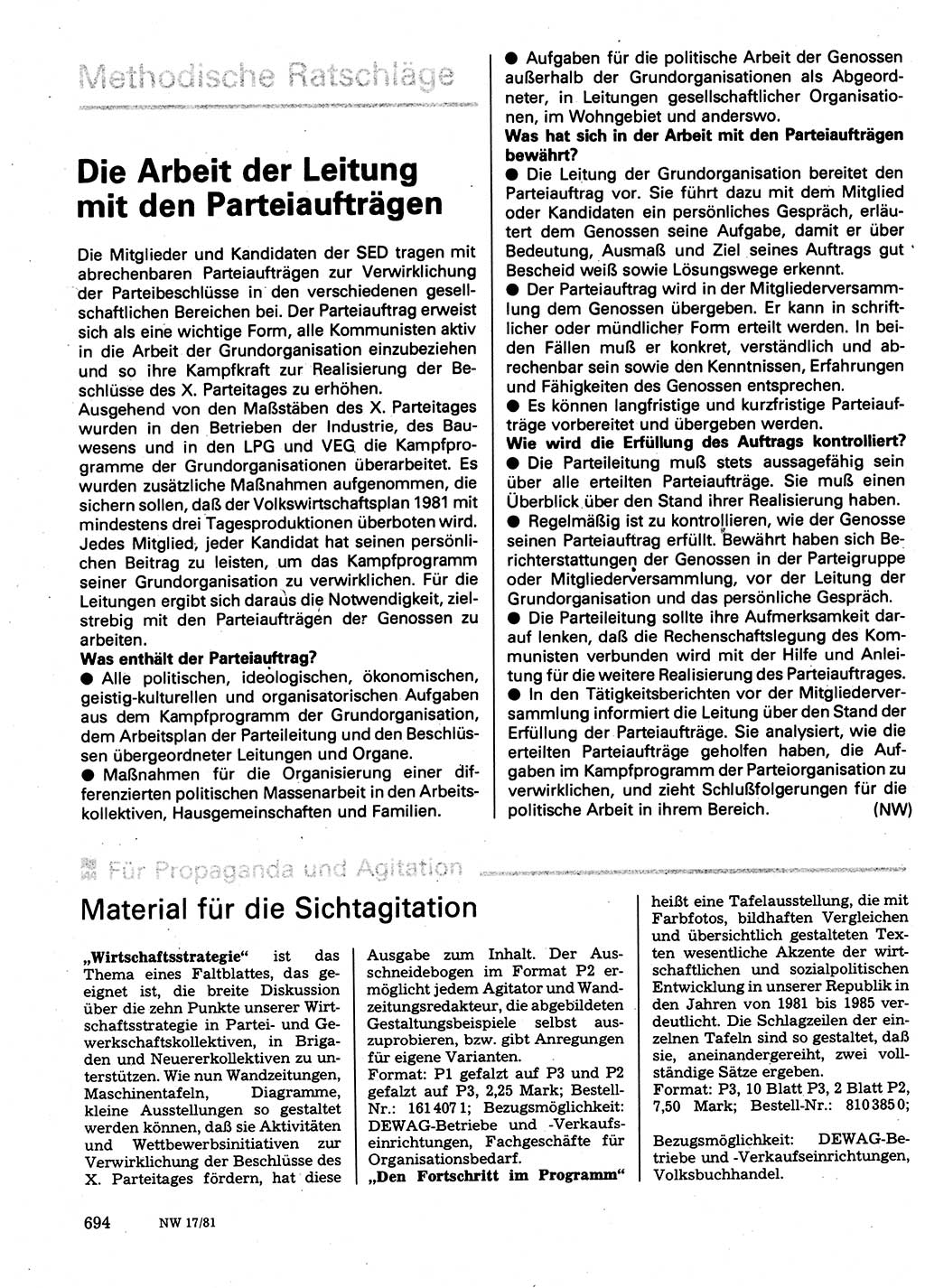 Neuer Weg (NW), Organ des Zentralkomitees (ZK) der SED (Sozialistische Einheitspartei Deutschlands) für Fragen des Parteilebens, 36. Jahrgang [Deutsche Demokratische Republik (DDR)] 1981, Seite 694 (NW ZK SED DDR 1981, S. 694)