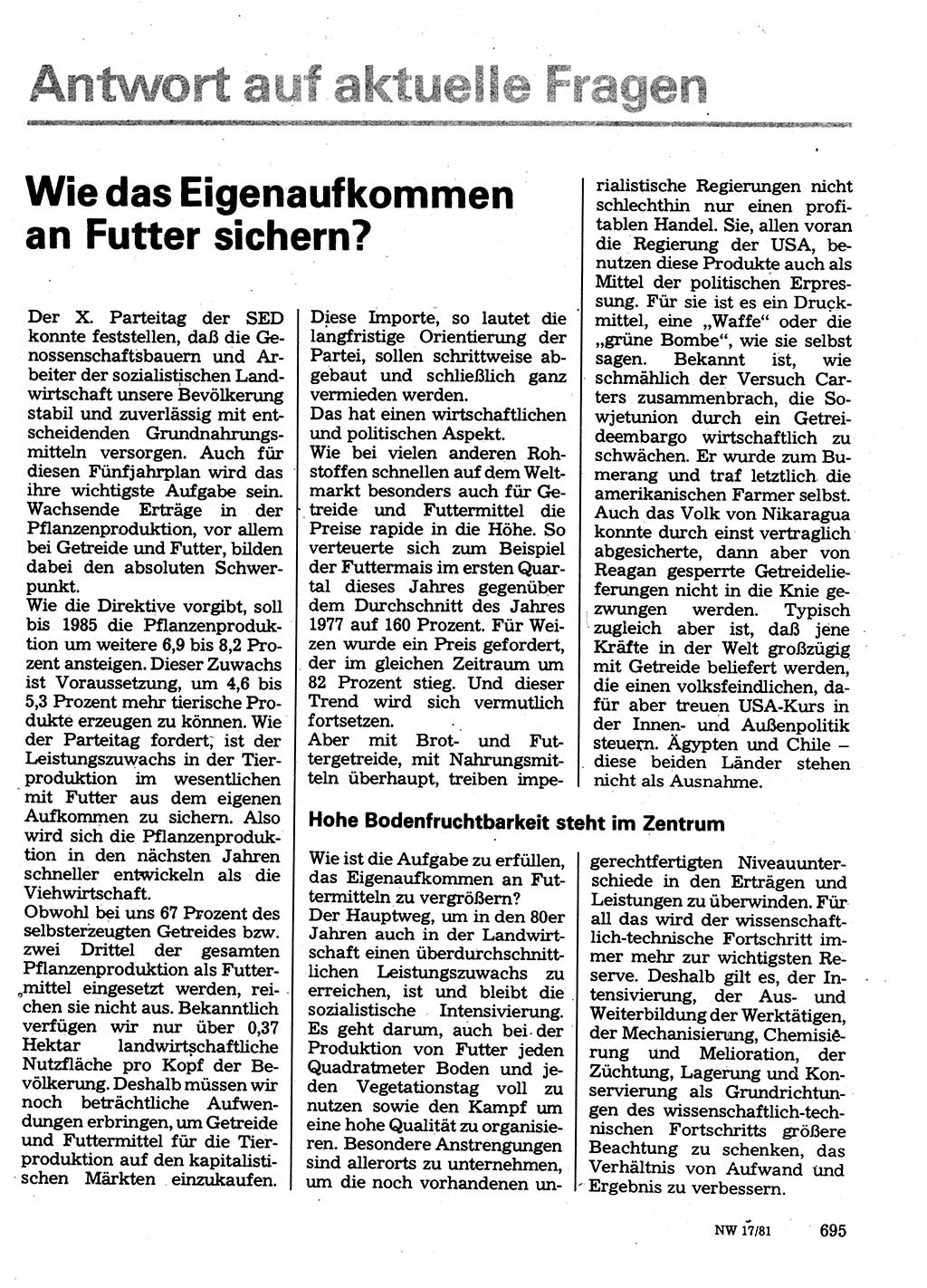 Neuer Weg (NW), Organ des Zentralkomitees (ZK) der SED (Sozialistische Einheitspartei Deutschlands) für Fragen des Parteilebens, 36. Jahrgang [Deutsche Demokratische Republik (DDR)] 1981, Seite 695 (NW ZK SED DDR 1981, S. 695)