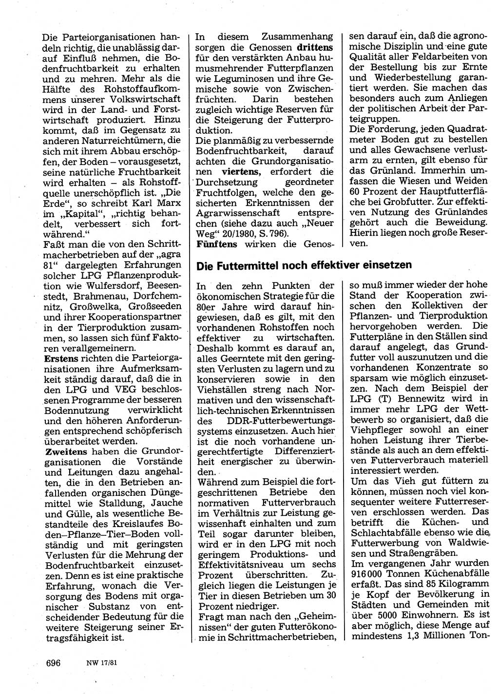 Neuer Weg (NW), Organ des Zentralkomitees (ZK) der SED (Sozialistische Einheitspartei Deutschlands) für Fragen des Parteilebens, 36. Jahrgang [Deutsche Demokratische Republik (DDR)] 1981, Seite 696 (NW ZK SED DDR 1981, S. 696)