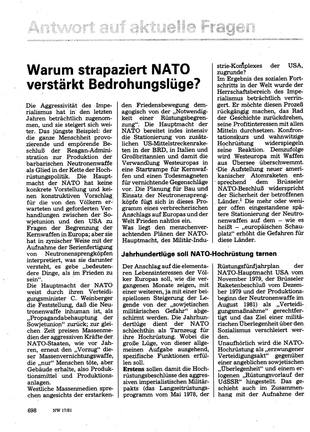 Neuer Weg (NW), Organ des Zentralkomitees (ZK) der SED (Sozialistische Einheitspartei Deutschlands) für Fragen des Parteilebens, 36. Jahrgang [Deutsche Demokratische Republik (DDR)] 1981, Seite 698 (NW ZK SED DDR 1981, S. 698)