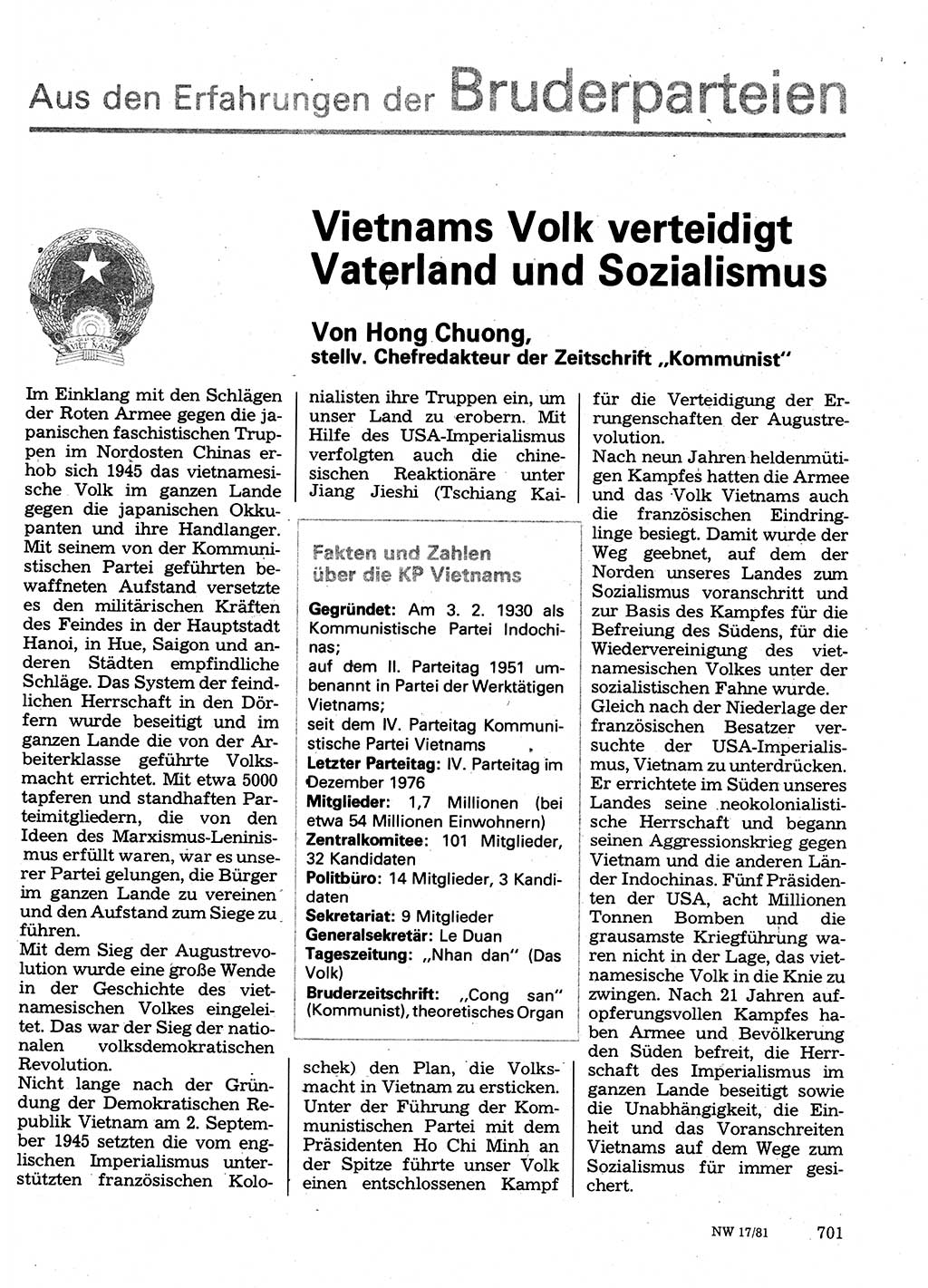 Neuer Weg (NW), Organ des Zentralkomitees (ZK) der SED (Sozialistische Einheitspartei Deutschlands) für Fragen des Parteilebens, 36. Jahrgang [Deutsche Demokratische Republik (DDR)] 1981, Seite 701 (NW ZK SED DDR 1981, S. 701)