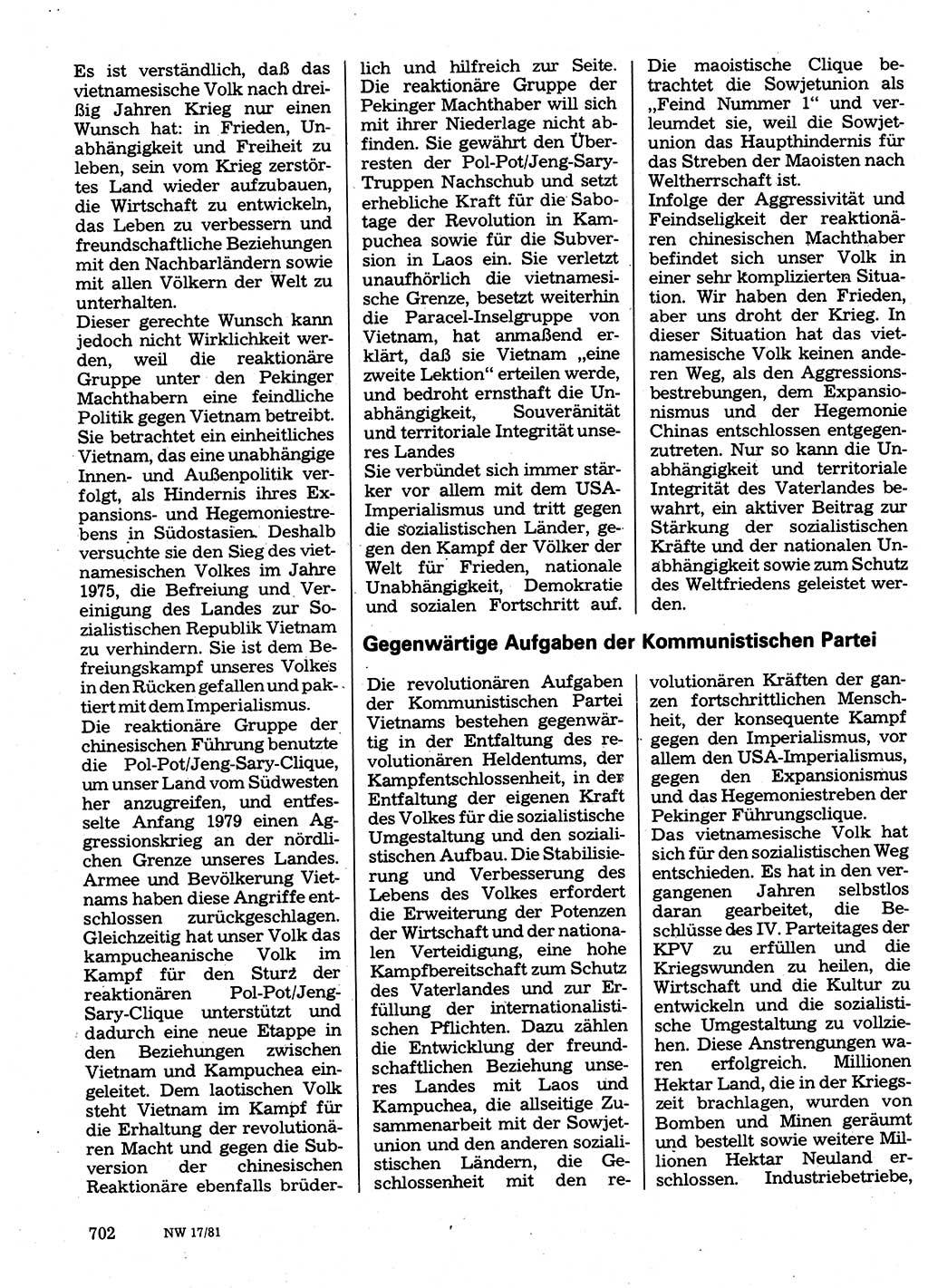 Neuer Weg (NW), Organ des Zentralkomitees (ZK) der SED (Sozialistische Einheitspartei Deutschlands) für Fragen des Parteilebens, 36. Jahrgang [Deutsche Demokratische Republik (DDR)] 1981, Seite 702 (NW ZK SED DDR 1981, S. 702)