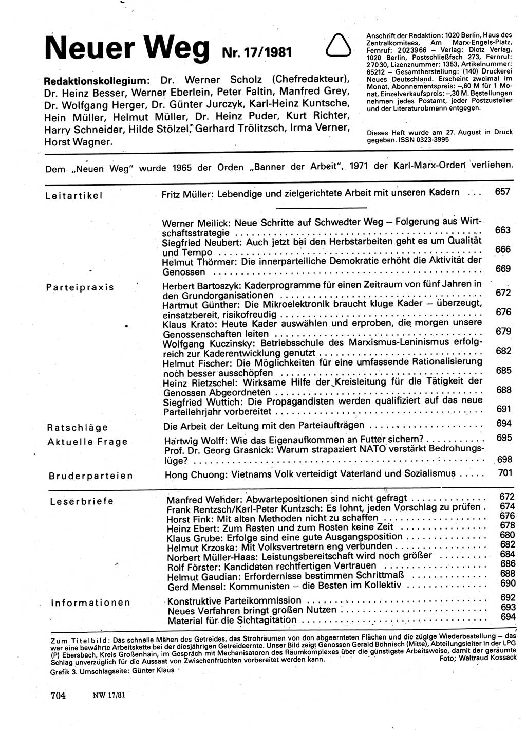 Neuer Weg (NW), Organ des Zentralkomitees (ZK) der SED (Sozialistische Einheitspartei Deutschlands) für Fragen des Parteilebens, 36. Jahrgang [Deutsche Demokratische Republik (DDR)] 1981, Seite 704 (NW ZK SED DDR 1981, S. 704)