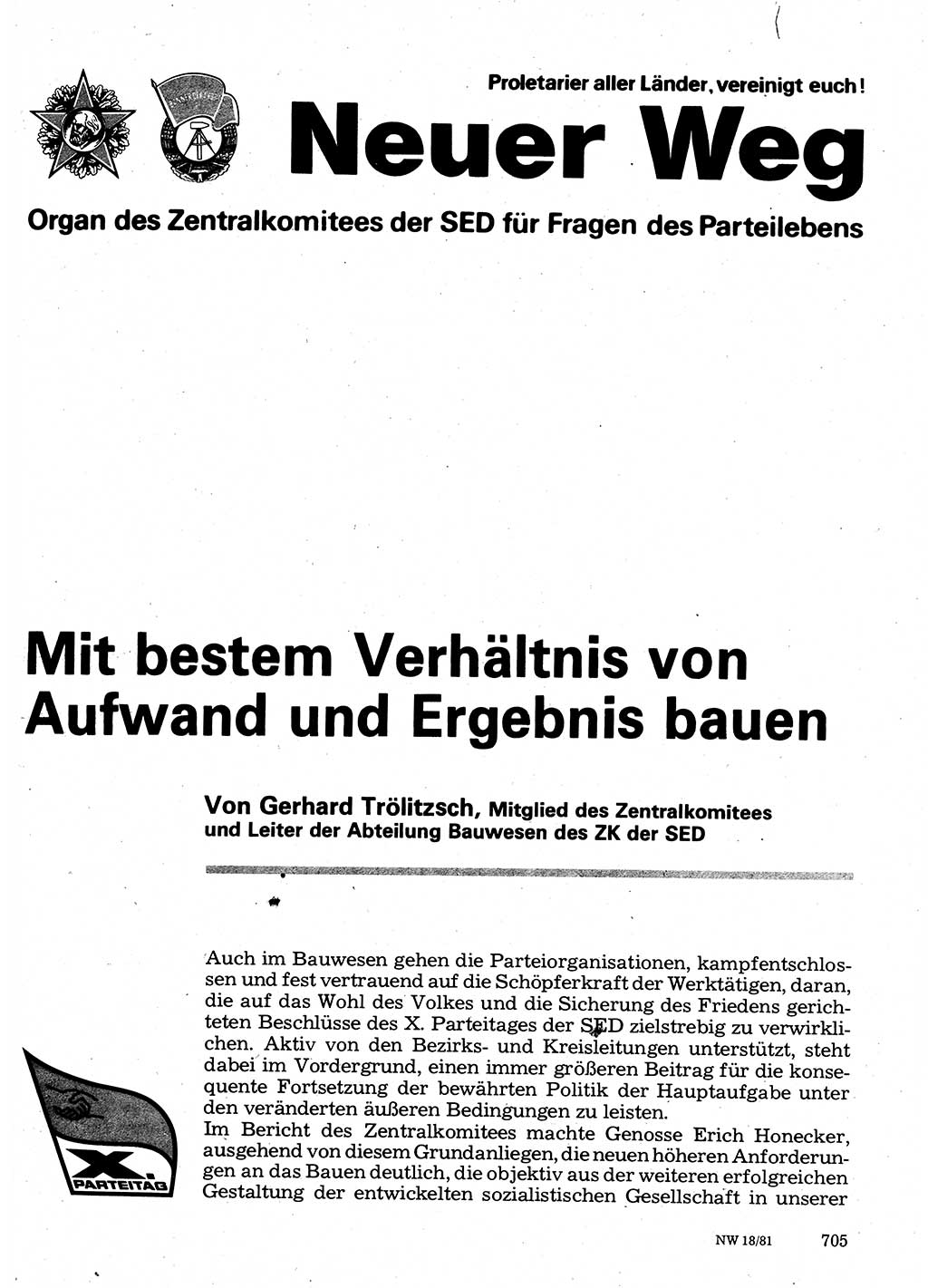 Neuer Weg (NW), Organ des Zentralkomitees (ZK) der SED (Sozialistische Einheitspartei Deutschlands) für Fragen des Parteilebens, 36. Jahrgang [Deutsche Demokratische Republik (DDR)] 1981, Seite 705 (NW ZK SED DDR 1981, S. 705)