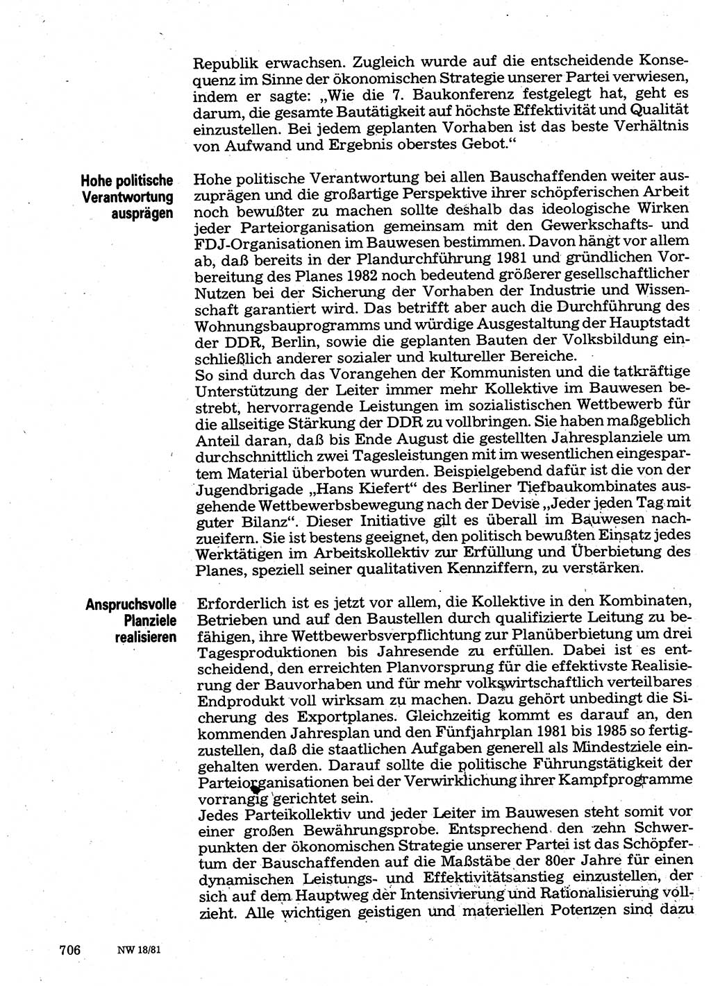 Neuer Weg (NW), Organ des Zentralkomitees (ZK) der SED (Sozialistische Einheitspartei Deutschlands) für Fragen des Parteilebens, 36. Jahrgang [Deutsche Demokratische Republik (DDR)] 1981, Seite 706 (NW ZK SED DDR 1981, S. 706)
