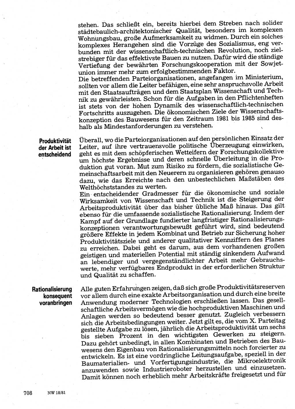 Neuer Weg (NW), Organ des Zentralkomitees (ZK) der SED (Sozialistische Einheitspartei Deutschlands) für Fragen des Parteilebens, 36. Jahrgang [Deutsche Demokratische Republik (DDR)] 1981, Seite 708 (NW ZK SED DDR 1981, S. 708)