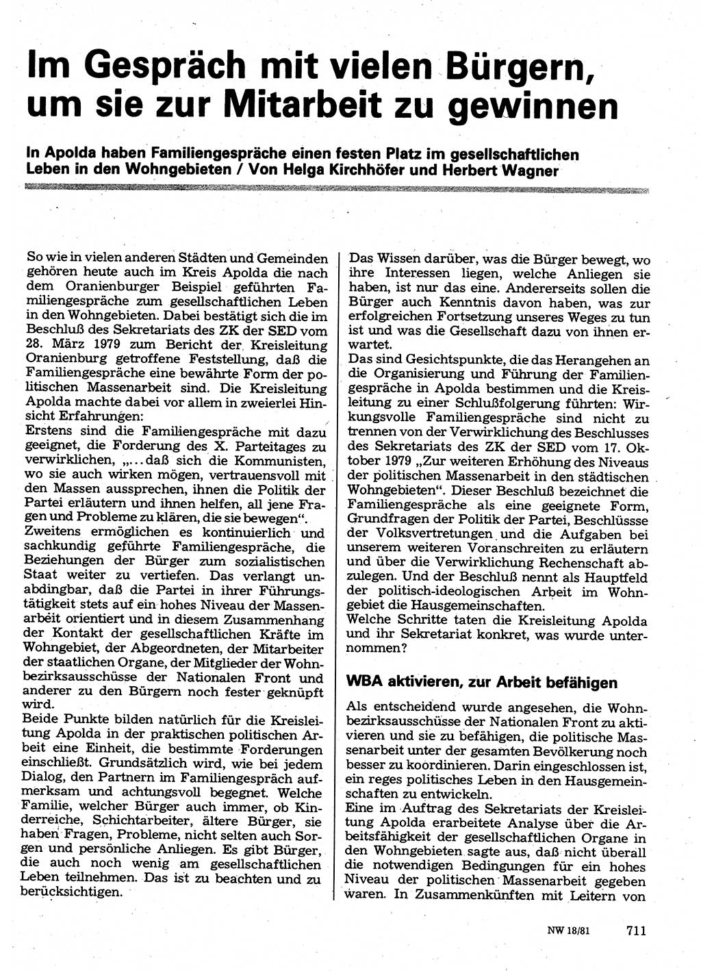 Neuer Weg (NW), Organ des Zentralkomitees (ZK) der SED (Sozialistische Einheitspartei Deutschlands) für Fragen des Parteilebens, 36. Jahrgang [Deutsche Demokratische Republik (DDR)] 1981, Seite 711 (NW ZK SED DDR 1981, S. 711)