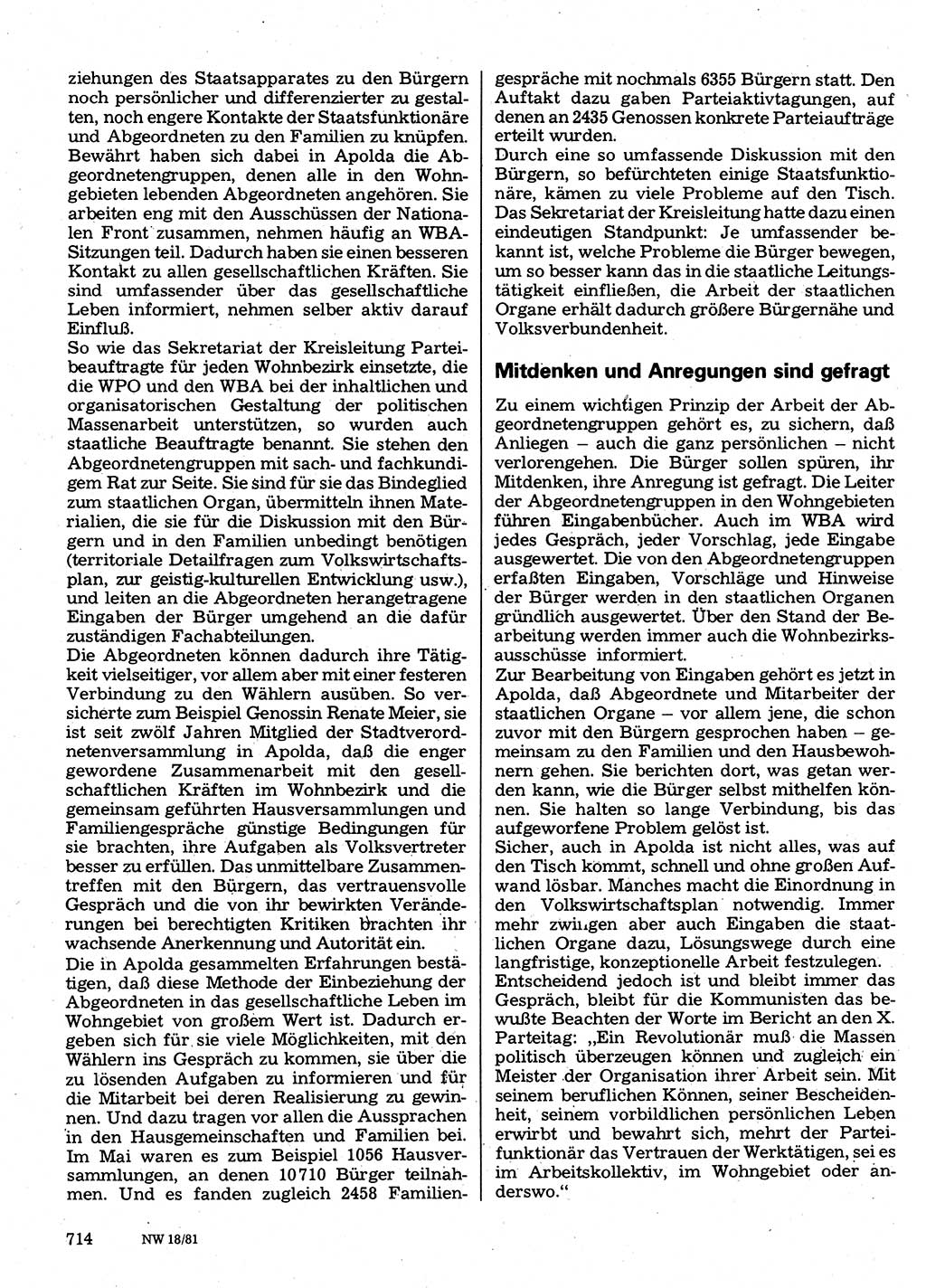 Neuer Weg (NW), Organ des Zentralkomitees (ZK) der SED (Sozialistische Einheitspartei Deutschlands) für Fragen des Parteilebens, 36. Jahrgang [Deutsche Demokratische Republik (DDR)] 1981, Seite 714 (NW ZK SED DDR 1981, S. 714)