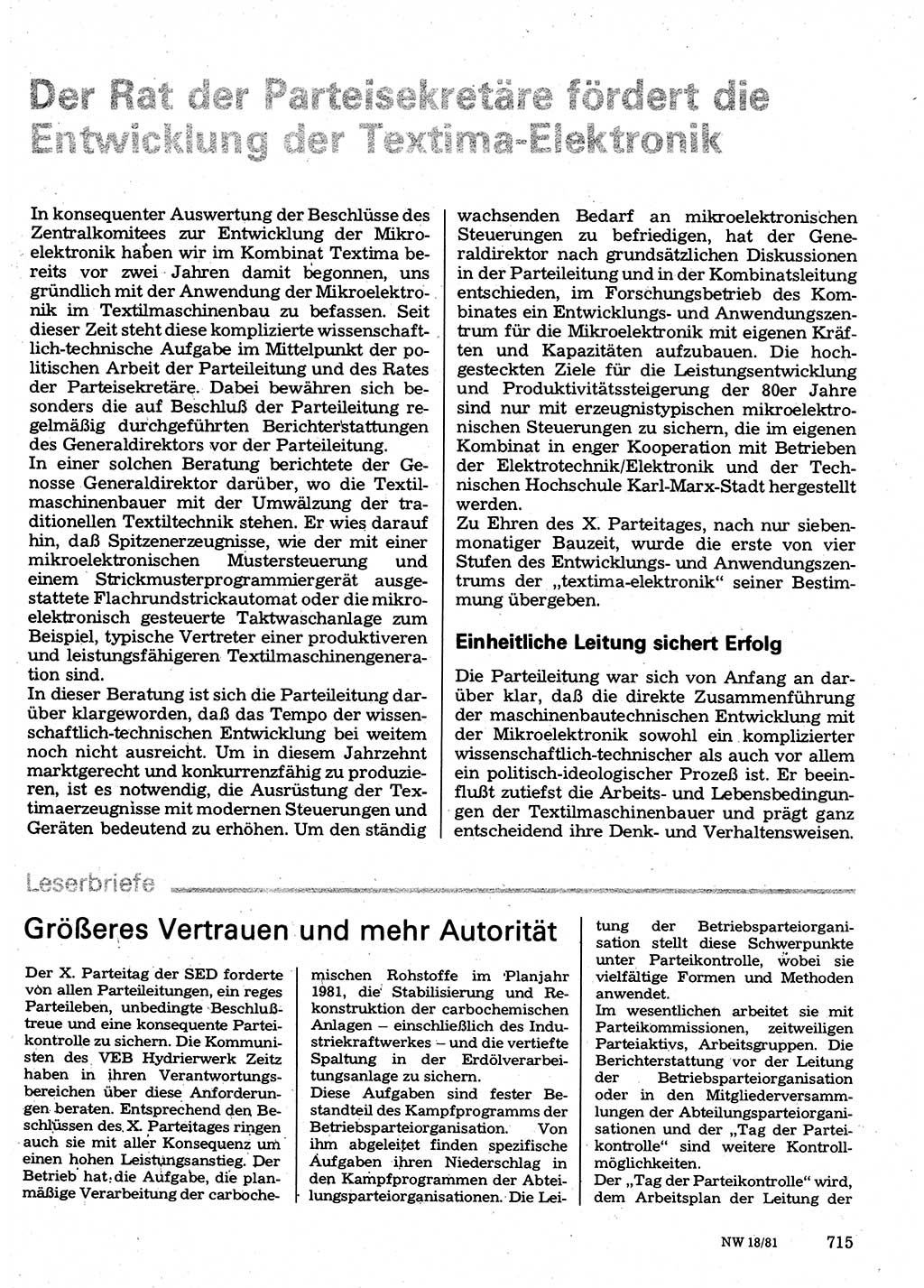 Neuer Weg (NW), Organ des Zentralkomitees (ZK) der SED (Sozialistische Einheitspartei Deutschlands) für Fragen des Parteilebens, 36. Jahrgang [Deutsche Demokratische Republik (DDR)] 1981, Seite 715 (NW ZK SED DDR 1981, S. 715)
