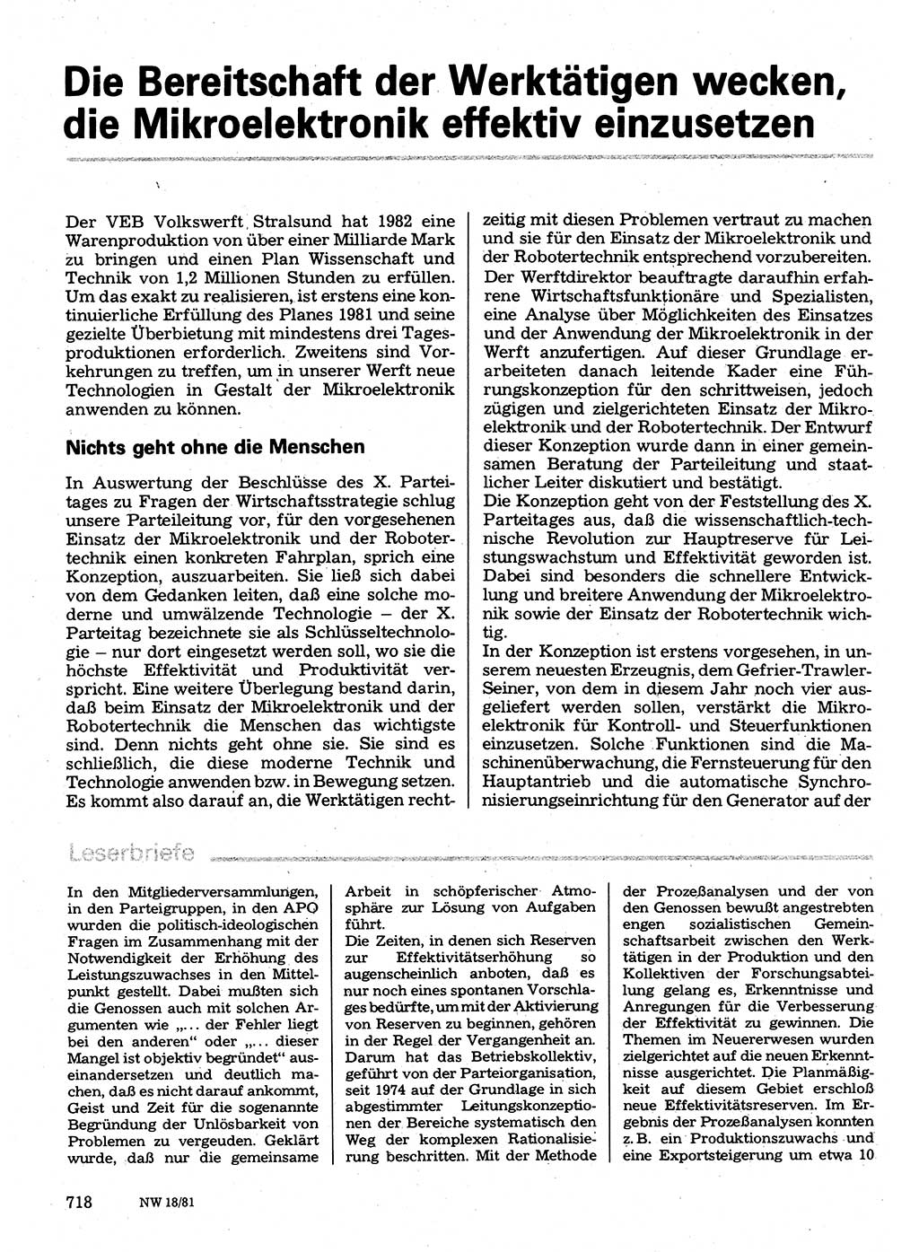 Neuer Weg (NW), Organ des Zentralkomitees (ZK) der SED (Sozialistische Einheitspartei Deutschlands) für Fragen des Parteilebens, 36. Jahrgang [Deutsche Demokratische Republik (DDR)] 1981, Seite 718 (NW ZK SED DDR 1981, S. 718)