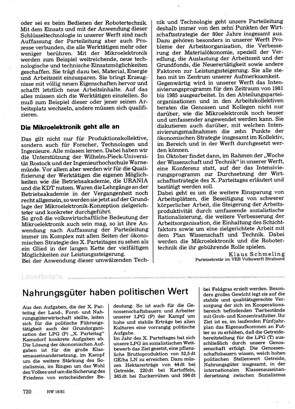 Neuer Weg (NW), Organ des Zentralkomitees (ZK) der SED (Sozialistische Einheitspartei Deutschlands) für Fragen des Parteilebens, 36. Jahrgang [Deutsche Demokratische Republik (DDR)] 1981, Seite 720 (NW ZK SED DDR 1981, S. 720)