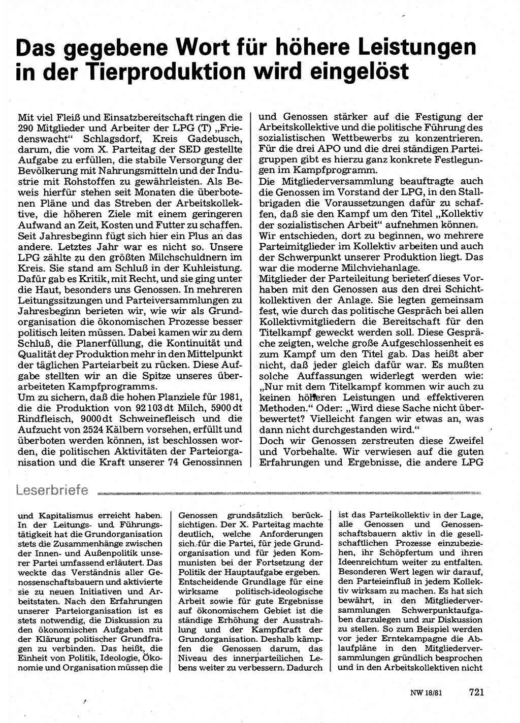 Neuer Weg (NW), Organ des Zentralkomitees (ZK) der SED (Sozialistische Einheitspartei Deutschlands) für Fragen des Parteilebens, 36. Jahrgang [Deutsche Demokratische Republik (DDR)] 1981, Seite 721 (NW ZK SED DDR 1981, S. 721)