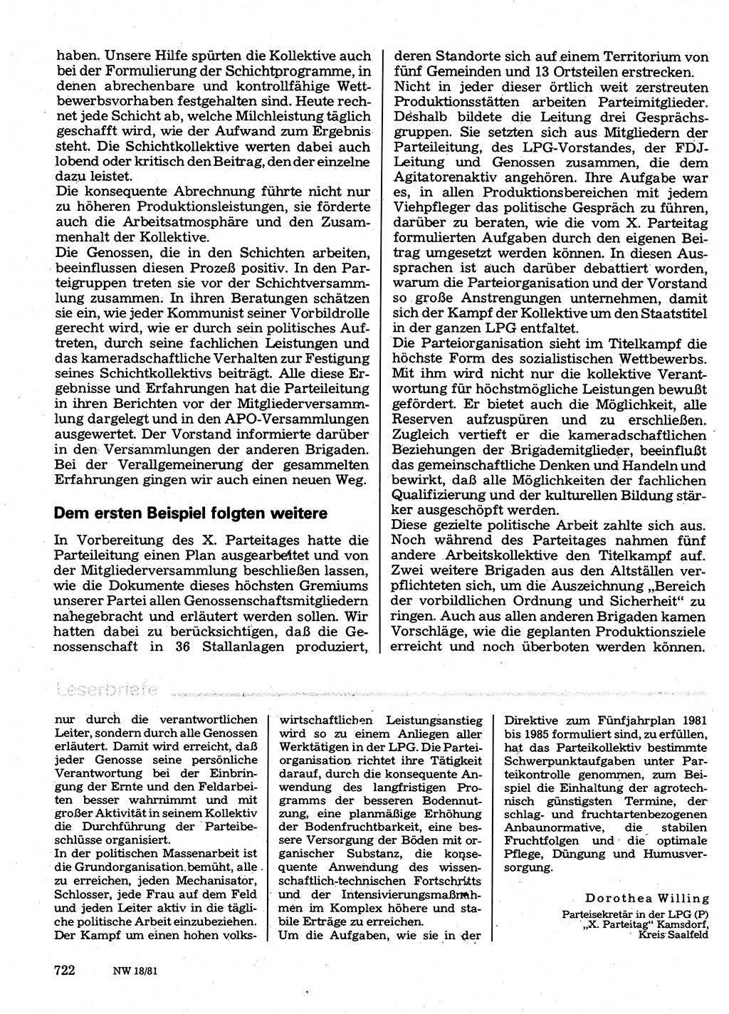 Neuer Weg (NW), Organ des Zentralkomitees (ZK) der SED (Sozialistische Einheitspartei Deutschlands) für Fragen des Parteilebens, 36. Jahrgang [Deutsche Demokratische Republik (DDR)] 1981, Seite 722 (NW ZK SED DDR 1981, S. 722)