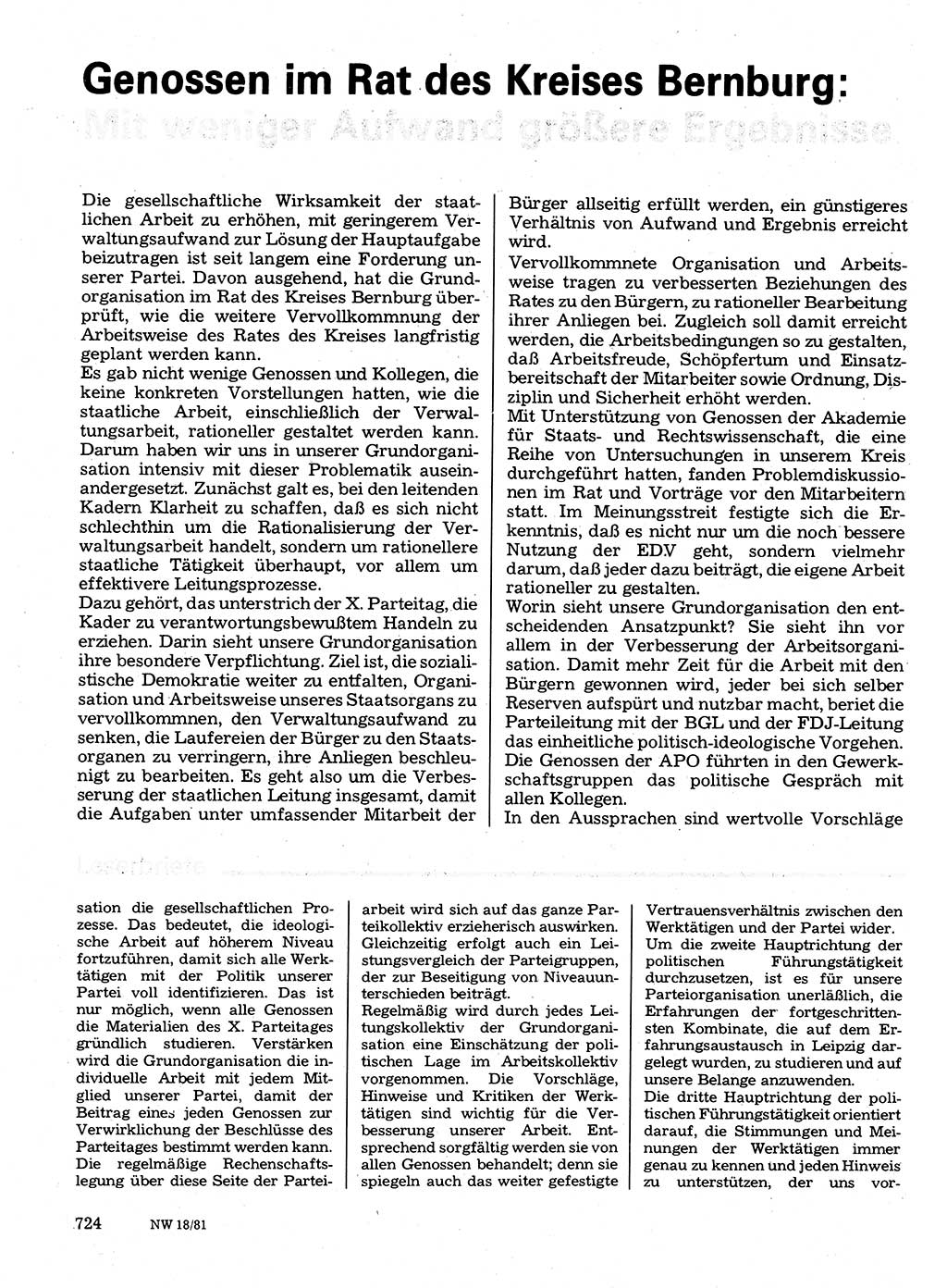 Neuer Weg (NW), Organ des Zentralkomitees (ZK) der SED (Sozialistische Einheitspartei Deutschlands) für Fragen des Parteilebens, 36. Jahrgang [Deutsche Demokratische Republik (DDR)] 1981, Seite 724 (NW ZK SED DDR 1981, S. 724)