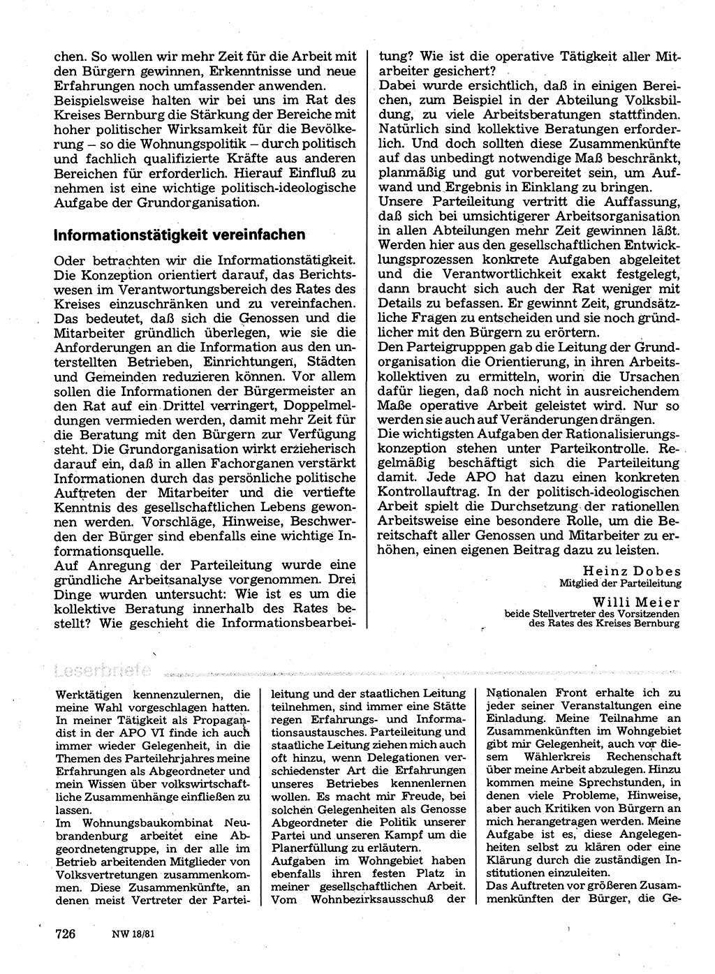 Neuer Weg (NW), Organ des Zentralkomitees (ZK) der SED (Sozialistische Einheitspartei Deutschlands) für Fragen des Parteilebens, 36. Jahrgang [Deutsche Demokratische Republik (DDR)] 1981, Seite 726 (NW ZK SED DDR 1981, S. 726)