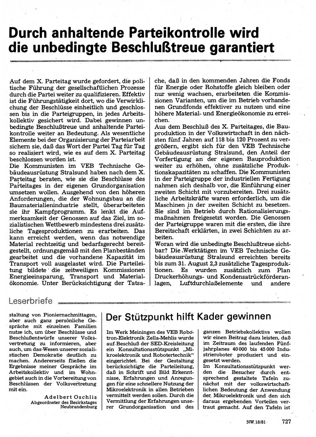 Neuer Weg (NW), Organ des Zentralkomitees (ZK) der SED (Sozialistische Einheitspartei Deutschlands) für Fragen des Parteilebens, 36. Jahrgang [Deutsche Demokratische Republik (DDR)] 1981, Seite 727 (NW ZK SED DDR 1981, S. 727)