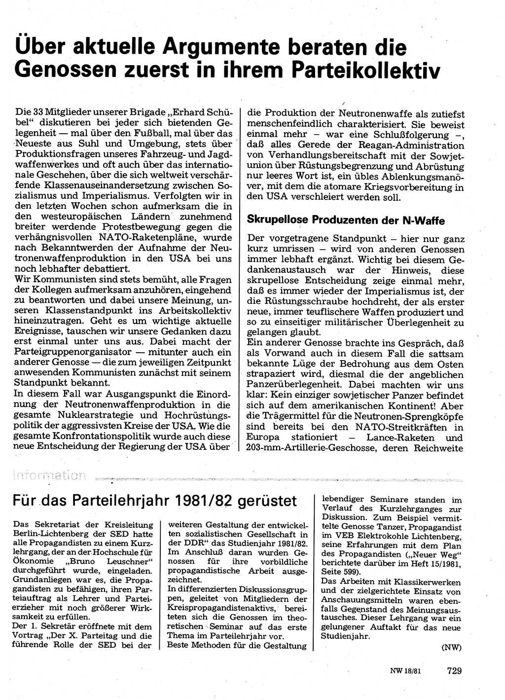 Neuer Weg (NW), Organ des Zentralkomitees (ZK) der SED (Sozialistische Einheitspartei Deutschlands) für Fragen des Parteilebens, 36. Jahrgang [Deutsche Demokratische Republik (DDR)] 1981, Seite 729 (NW ZK SED DDR 1981, S. 729)