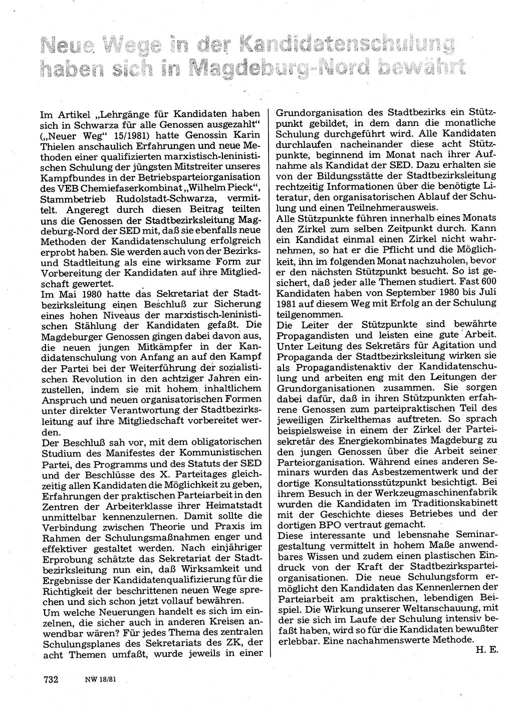 Neuer Weg (NW), Organ des Zentralkomitees (ZK) der SED (Sozialistische Einheitspartei Deutschlands) für Fragen des Parteilebens, 36. Jahrgang [Deutsche Demokratische Republik (DDR)] 1981, Seite 732 (NW ZK SED DDR 1981, S. 732)