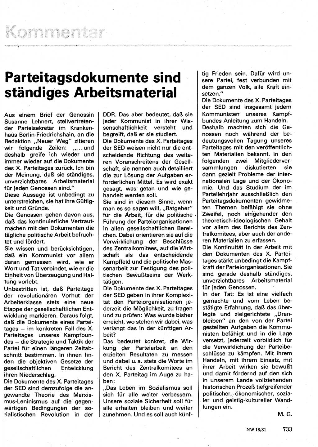 Neuer Weg (NW), Organ des Zentralkomitees (ZK) der SED (Sozialistische Einheitspartei Deutschlands) für Fragen des Parteilebens, 36. Jahrgang [Deutsche Demokratische Republik (DDR)] 1981, Seite 733 (NW ZK SED DDR 1981, S. 733)