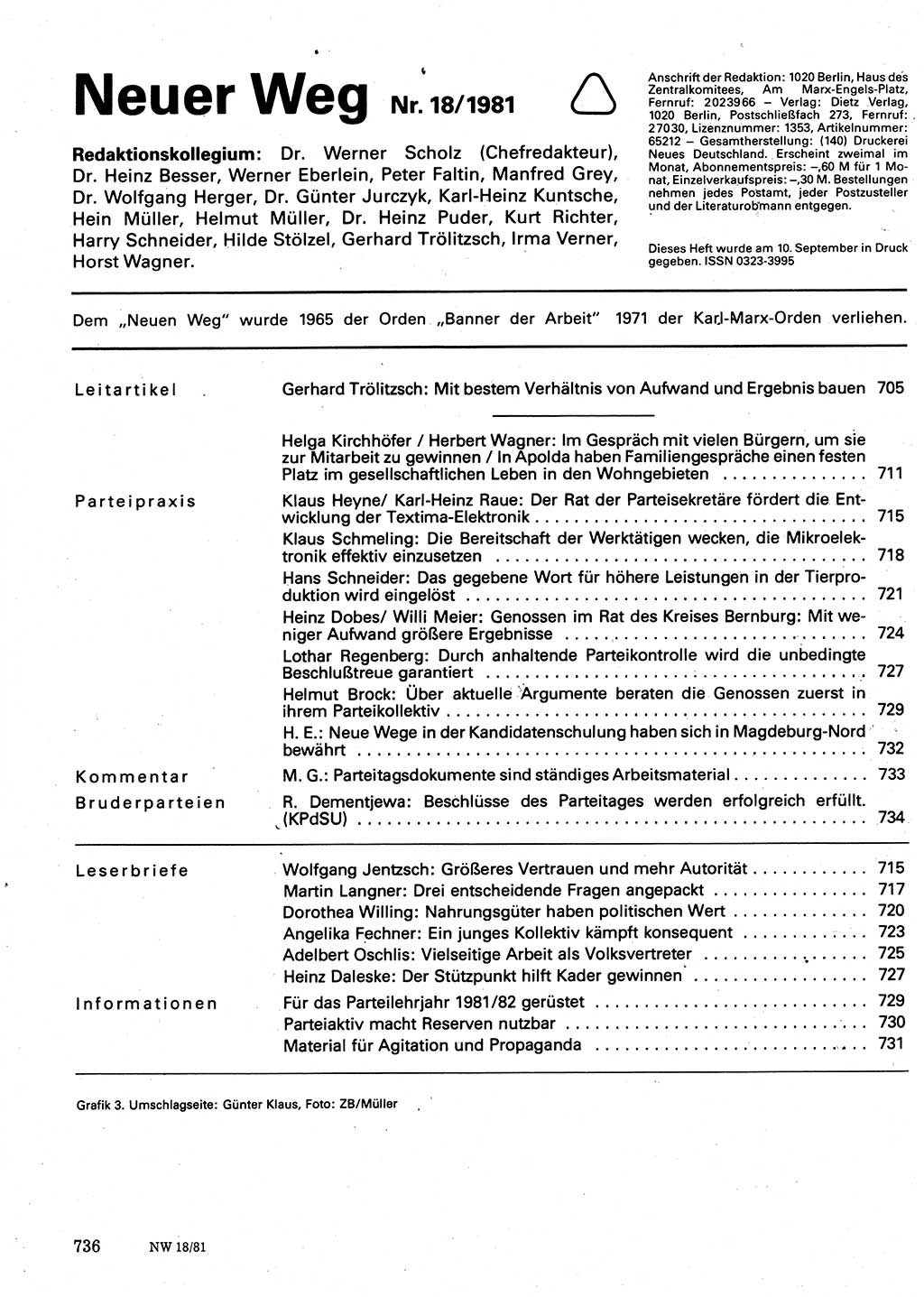 Neuer Weg (NW), Organ des Zentralkomitees (ZK) der SED (Sozialistische Einheitspartei Deutschlands) für Fragen des Parteilebens, 36. Jahrgang [Deutsche Demokratische Republik (DDR)] 1981, Seite 736 (NW ZK SED DDR 1981, S. 736)